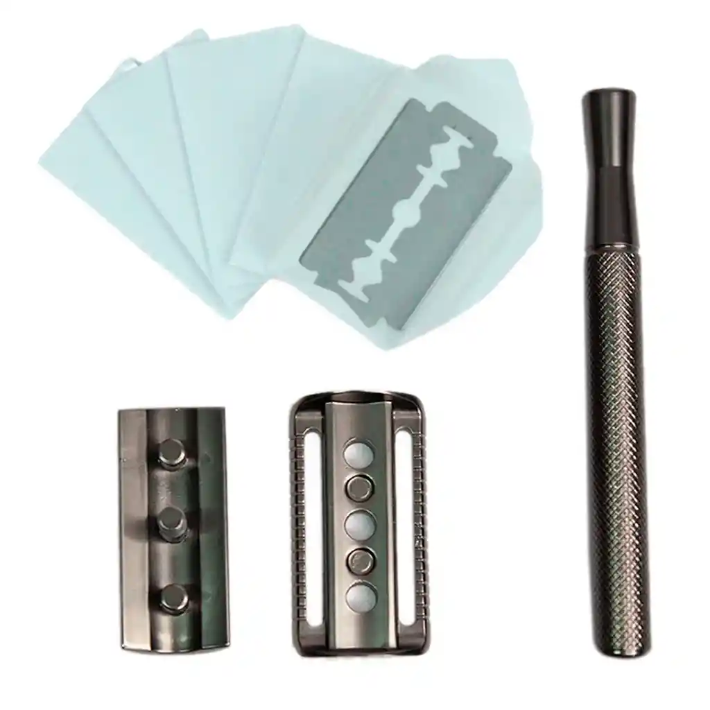Maquina Afeitar Clásica Acero Inoxidable Base Lujo + 5 Cuchillas Black