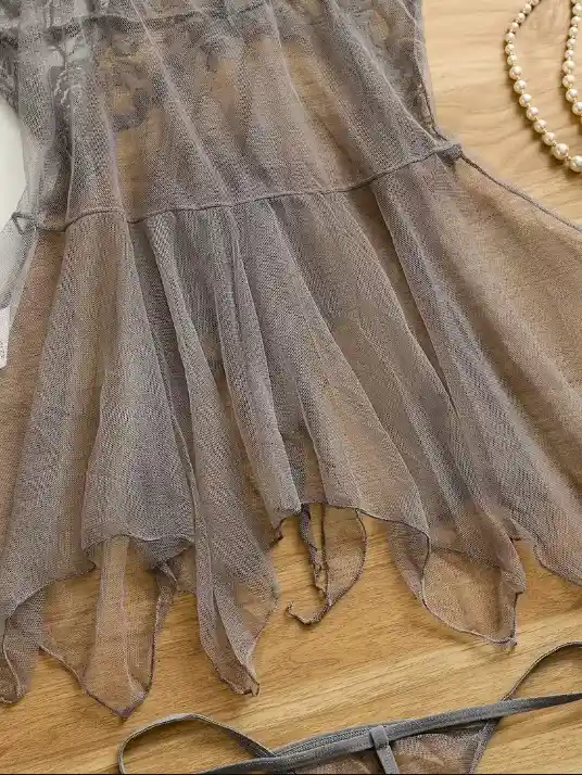Babydoll Pijama Lencería De Malla Transparencia Y Encaje Gris