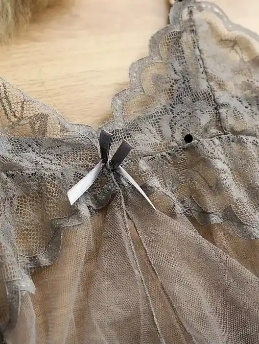 Babydoll Pijama Lencería De Malla Transparencia Y Encaje Gris