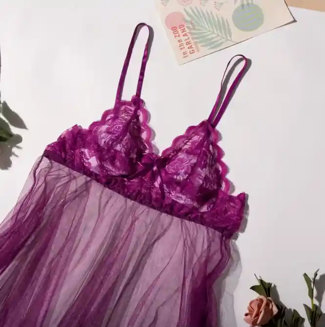 Babydoll Pijama Lencería De Malla Transparencia Y Encaje Morado