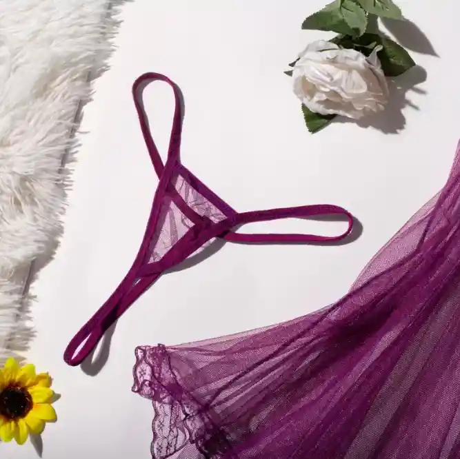 Babydoll Pijama Lencería De Malla Transparencia Y Encaje Morado