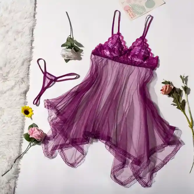 Babydoll Pijama Lencería De Malla Transparencia Y Encaje Morado