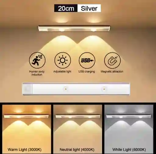 Luz Led Sensor Movimiento 20 Cm Ultrafino Usb Recargable
