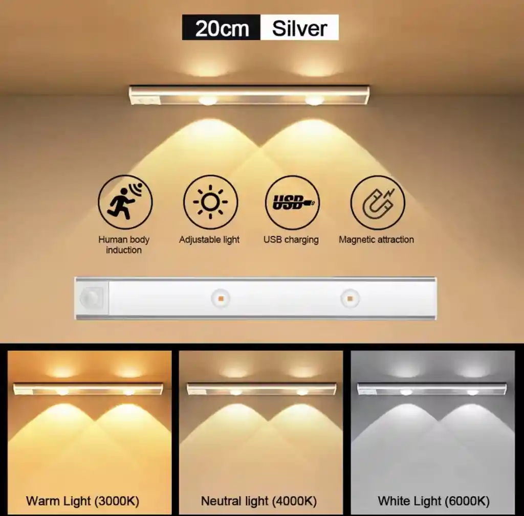 Luz Led Sensor Movimiento 20 Cm Ultrafino Usb Recargable