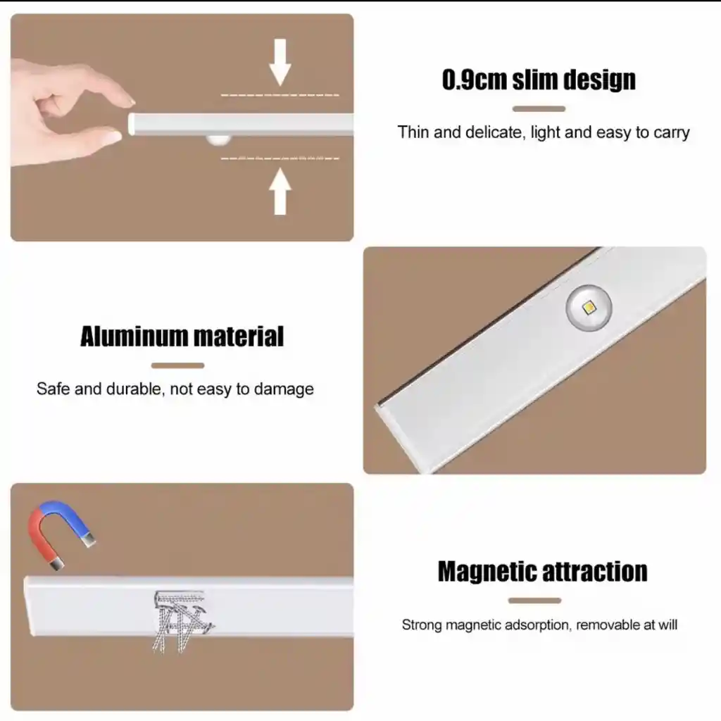Luz Led Sensor Movimiento 20 Cm Ultrafino Usb Recargable