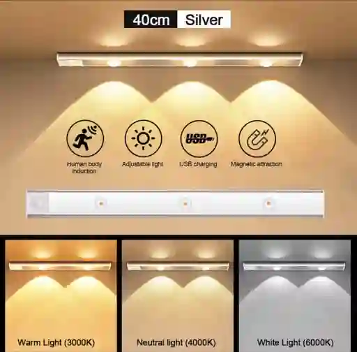 Luz Led Sensor Movimiento Ultrafino 40 Cm Usb Recargable