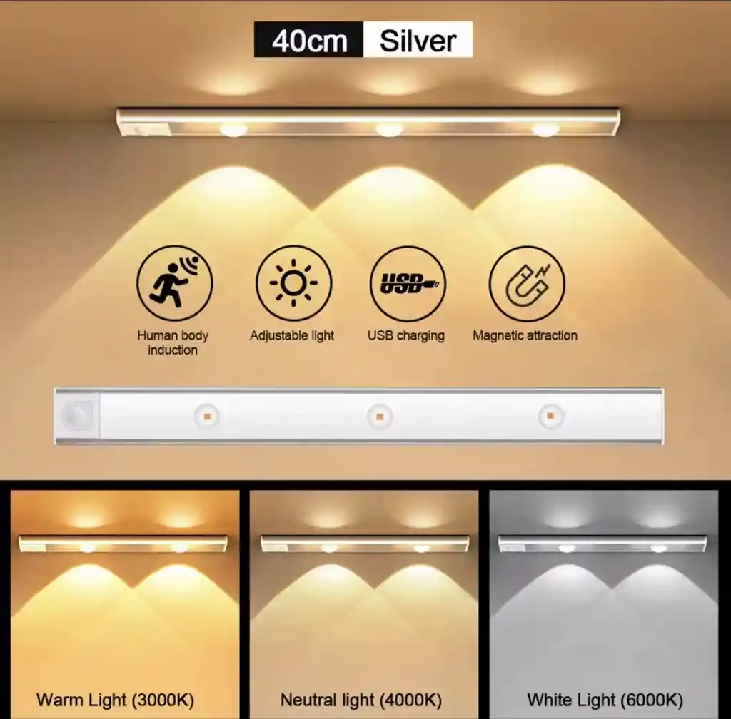 Luz Led Sensor Movimiento Ultrafino 40 Cm Usb Recargable