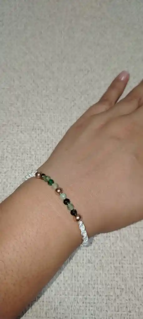 Pulsera 4 Bolsas Lisas Oro Rosa Laminado 8 Piedras Esmeralda Muralla #5mm