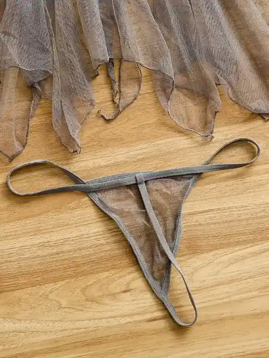 Babydoll Pijama Lencería De Malla Transparencia Y Encaje Gris