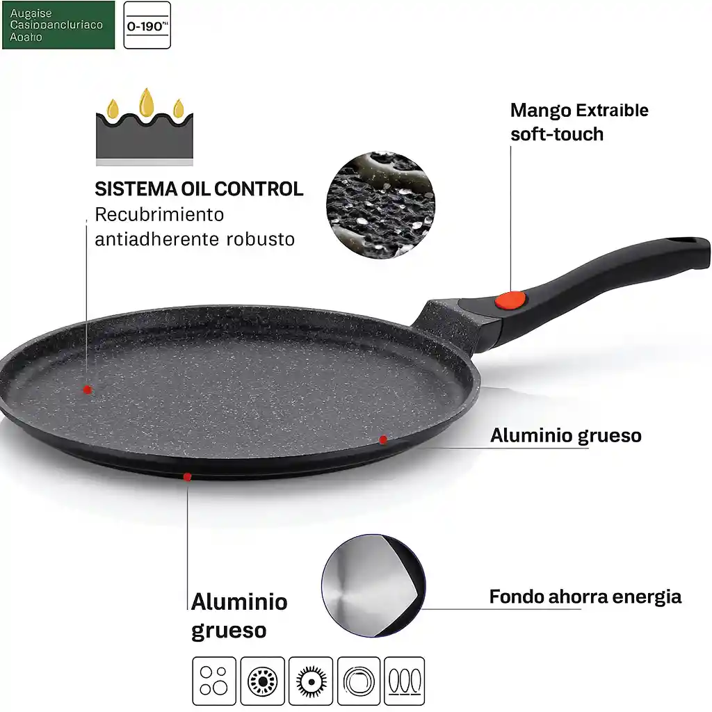 Sarten Antiadherente Granito 22cm Crepes Pizza Asa Extraible