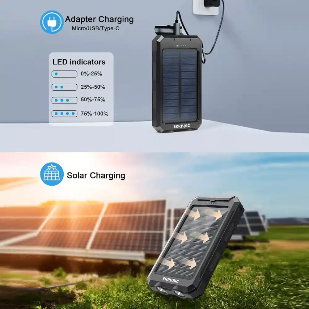 Power Bank Solar 20000mah Cargador Portátil Luz 2usb Brujula