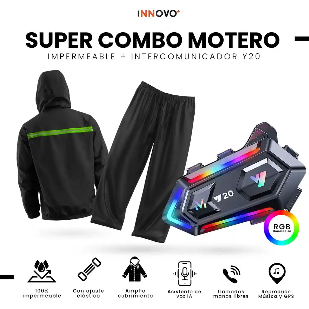 Impermeable Motero Talla L Con Intercomunicador Bluetooth Y20 Manos Libres