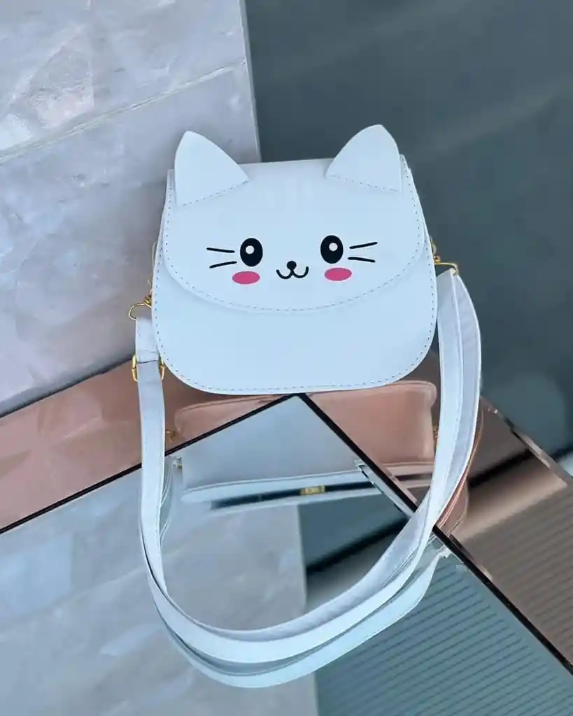 Bolso Para Mujer O Niña Bandolero Diseño De Gato Color Blanco Con Correa