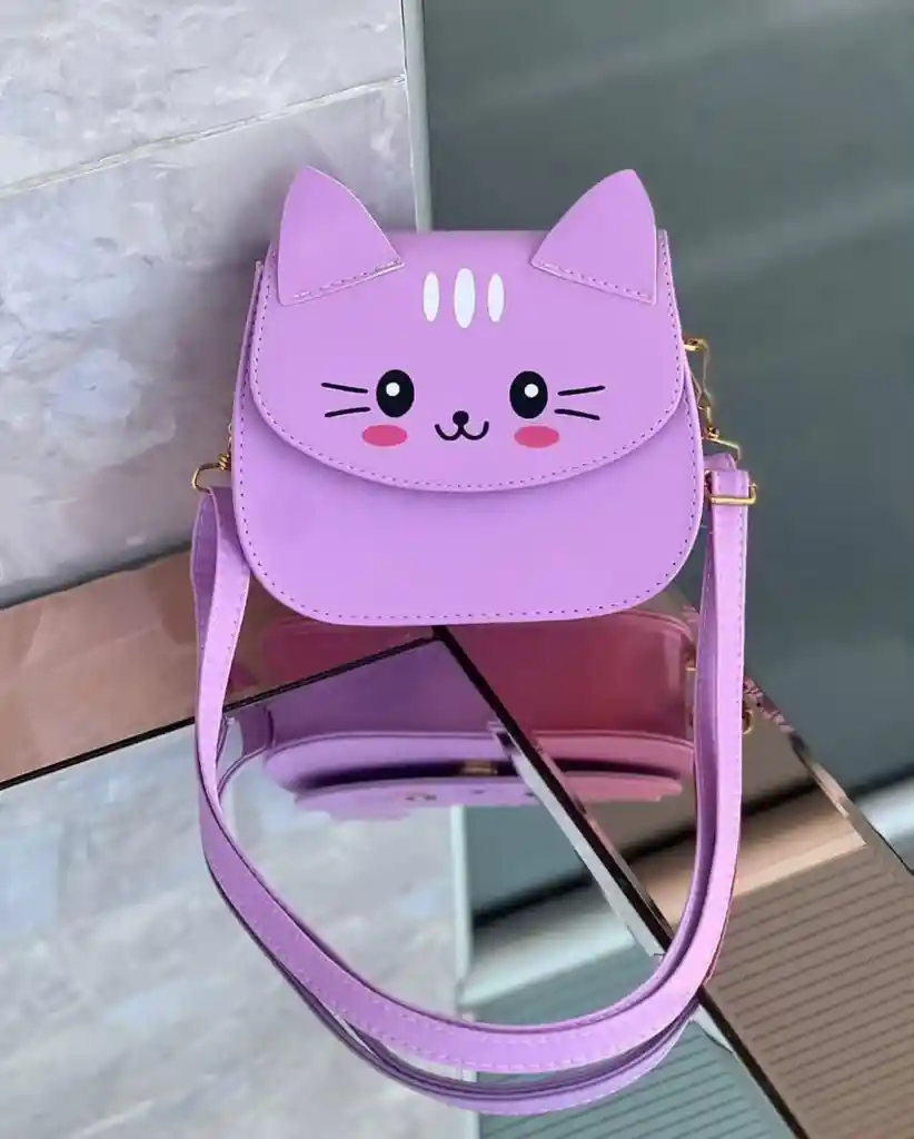 Bolso Para Mujer O Niña Bandolero Diseño De Gato Color Lila Con Correa