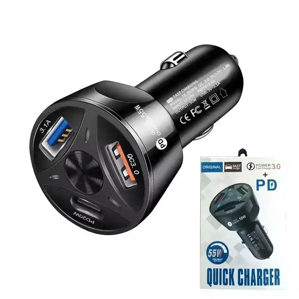 Cargador Plugin De Carro 55w Mle-66pd Con 2 Usb Y 1 Tipo C