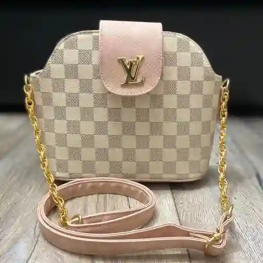 Bolso Para Mujer Carriel Flap Inspirado Louis Vuitton Damier Azur Color Rosado Y Beige Crema Cuadros Con Correa