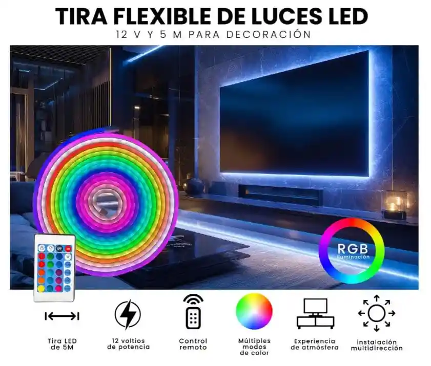 Tira Luz Led Neón Rgb 5m Con Control Remoto Multicolor Decoración Hogar Oficina