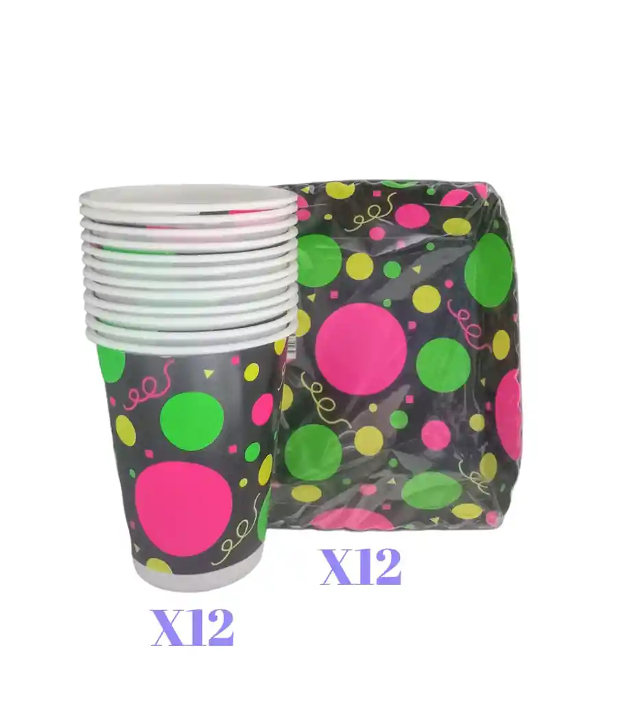 Set De 12 Vasos Y 12 Torteros Fiesta Neón