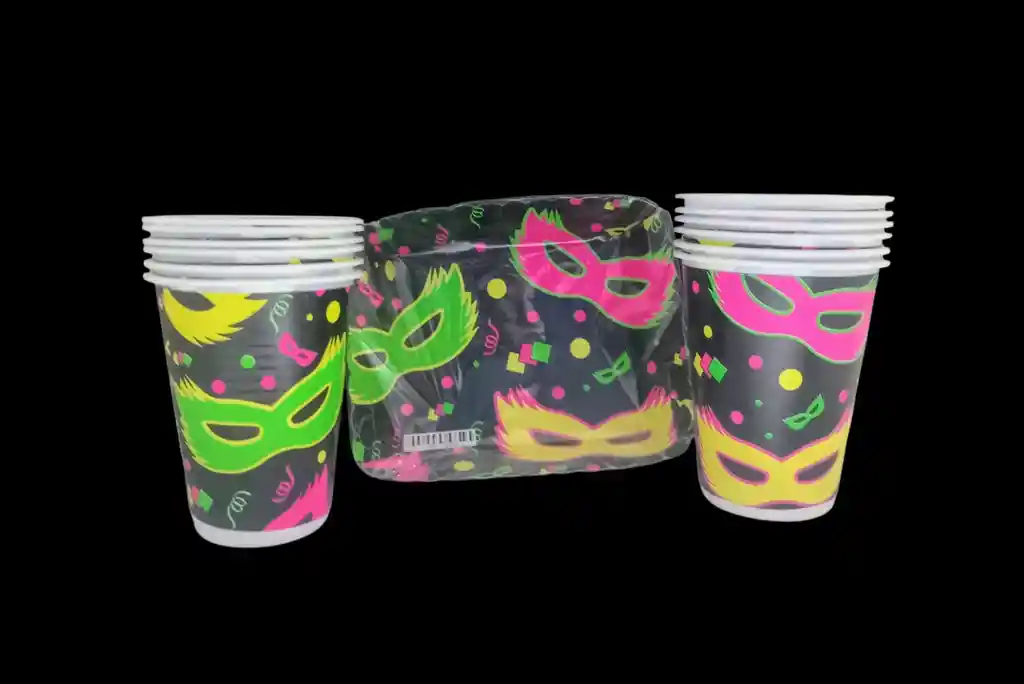Set De 12 Vasos Y 12 Torteros Fiesta Neón Antifaz