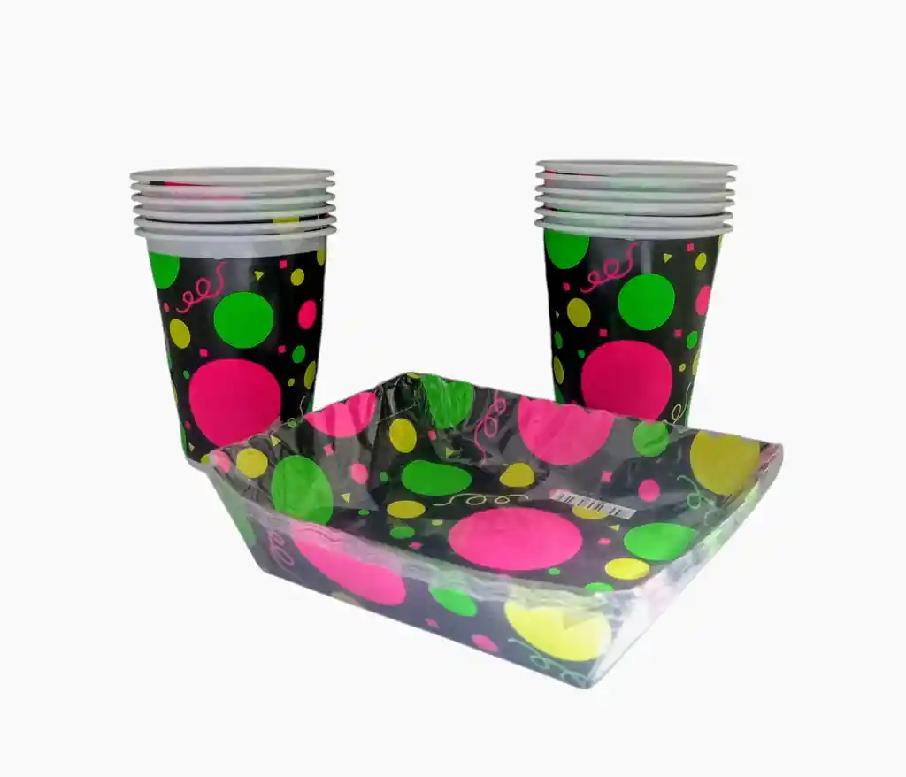 Set De 12 Vasos Y 12 Torteros Fiesta Neón