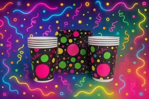 Set De 12 Vasos Y 12 Torteros Fiesta Neón