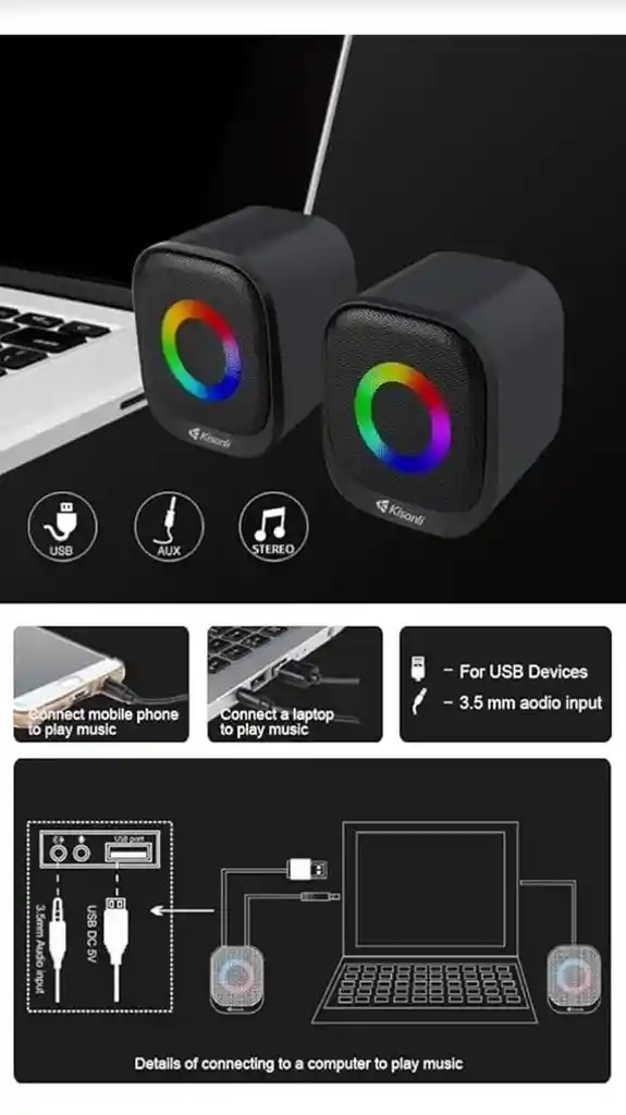 Parlante Para Pc Multimedia Luces Rgb Kisonli Usb Auxiliar
