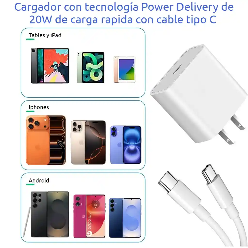 Cargador Usb C Power Delivery 20 W Con Cable Tipo C
