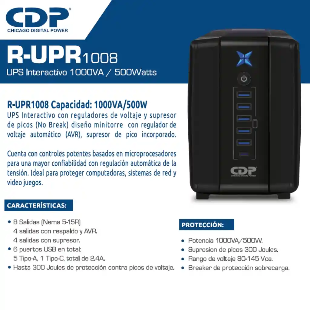 Ups Interactiva Cdp R-upr 1008 Regulador/8 Tomas/1000va