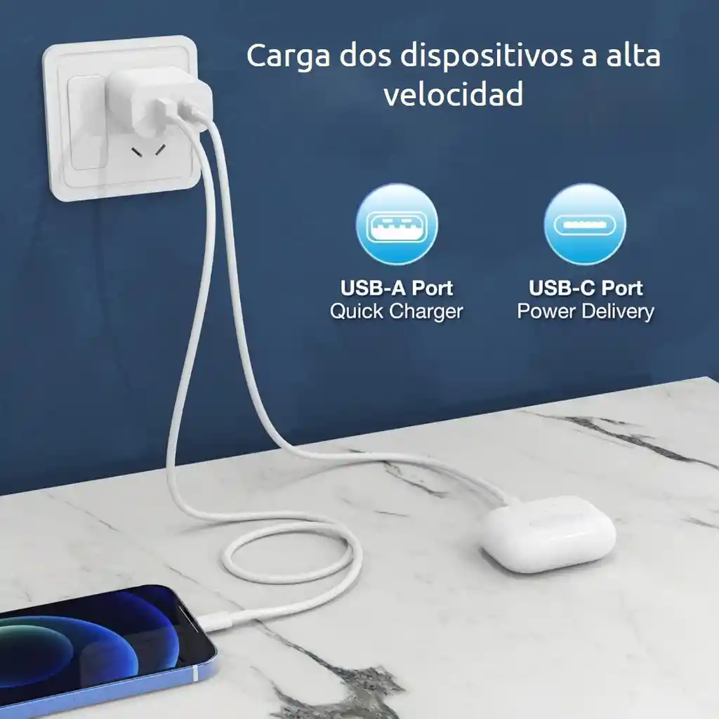 Cargador De 20w 2 En 1 Para Usb C Y Usb A Power Delivery Con Cable Tipo C