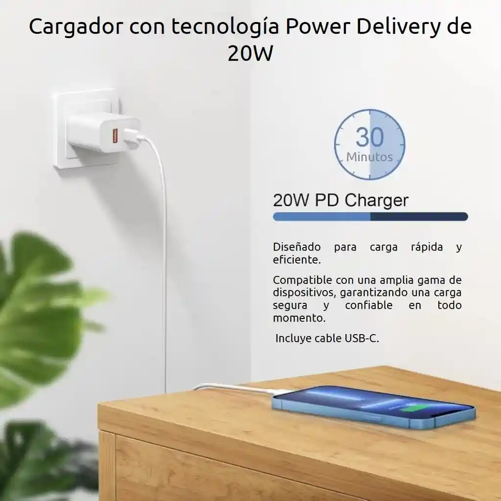 Cargador De 20w 2 En 1 Para Usb C Y Usb A Power Delivery Con Cable Tipo C