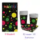 Set De 1 Mantel + 12 Vasos Y 12 Torteros Fiesta Neón