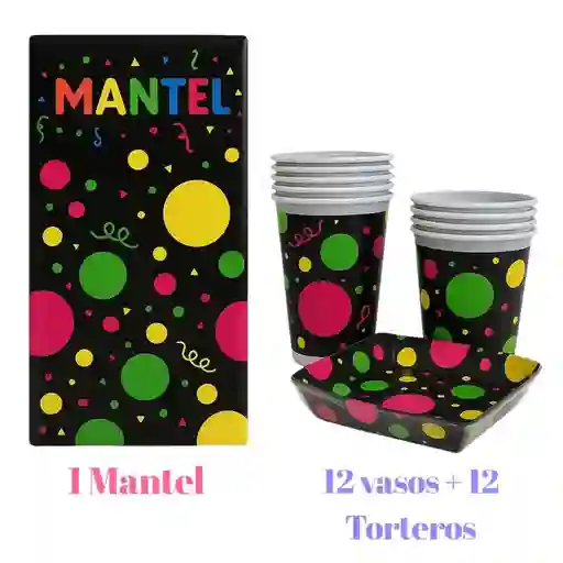 Set De 1 Mantel + 12 Vasos Y 12 Torteros Fiesta Neón