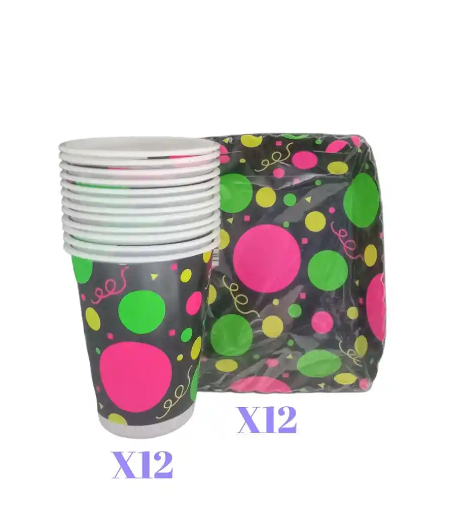 Set De 1 Mantel + 12 Vasos Y 12 Torteros Fiesta Neón
