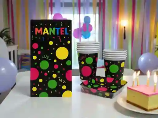 Set De 1 Mantel + 12 Vasos Y 12 Torteros Fiesta Neón