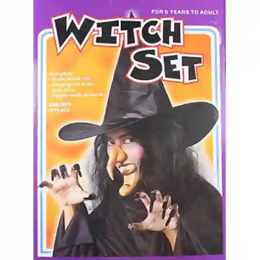 Kit De Bruja Disfraz Sombrero Nariz Barbilla Uñas Dientes