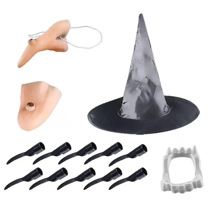 Kit De Bruja Disfraz Sombrero Nariz Barbilla Uñas Dientes
