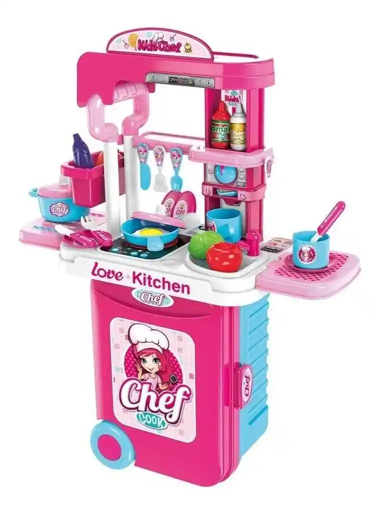 Cocina De Juguete Con Luz Y Sonido Kitchen Toy 3 En 1 Rosa Tipo Maleta Con Llantas