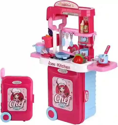 Cocina De Juguete Con Luz Y Sonido Kitchen Toy 3 En 1 Rosa Tipo Maleta Con Llantas
