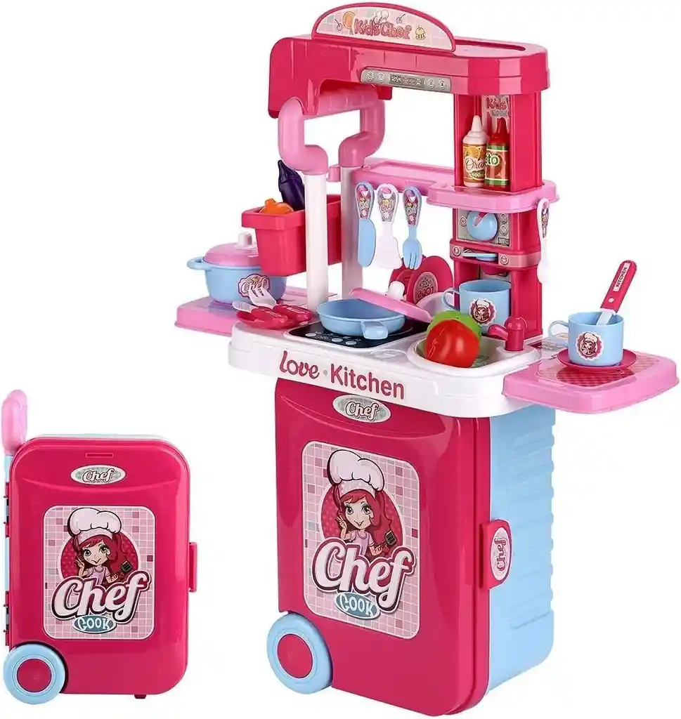 Cocina De Juguete Con Luz Y Sonido Kitchen Toy 3 En 1 Rosa Tipo Maleta Con Llantas