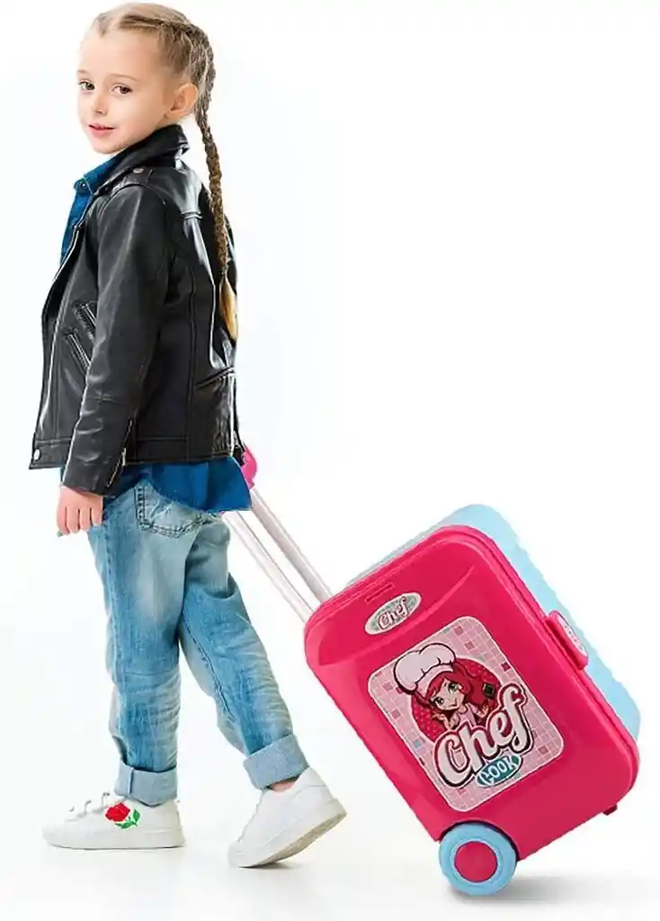 Cocina De Juguete Con Luz Y Sonido Kitchen Toy 3 En 1 Rosa Tipo Maleta Con Llantas