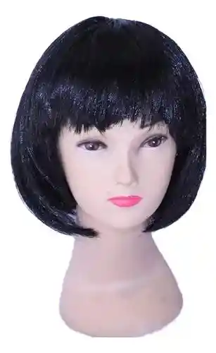 Peluca Corta Lisa Negra Para Fiesta Para Hora Loca, Halloween, Carnaval