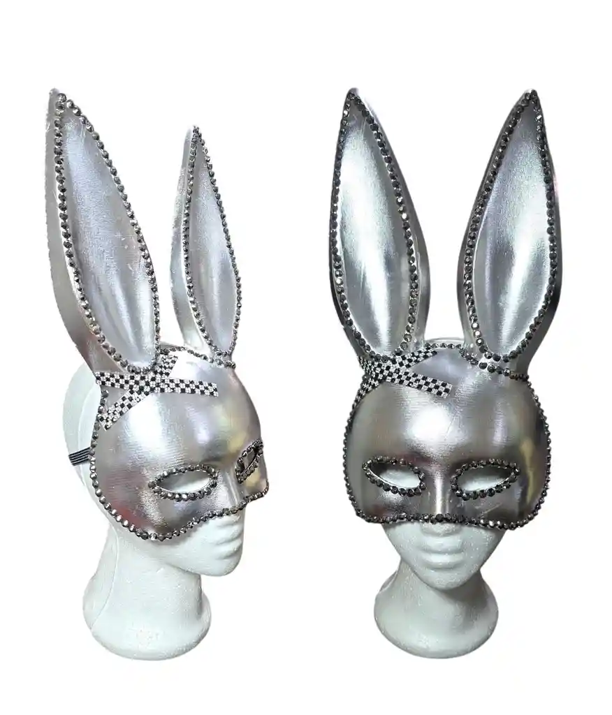 Mascara Sexy Plateada De Coneja Con Perlas