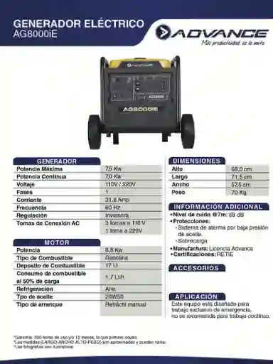 Planta Eléctrica Advance Ag8000ie - 3,6kw Inverter Gasolina