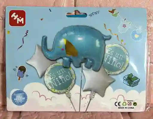 Bouquet De Globos Baby Shower Elefante Azul X5 Piezas