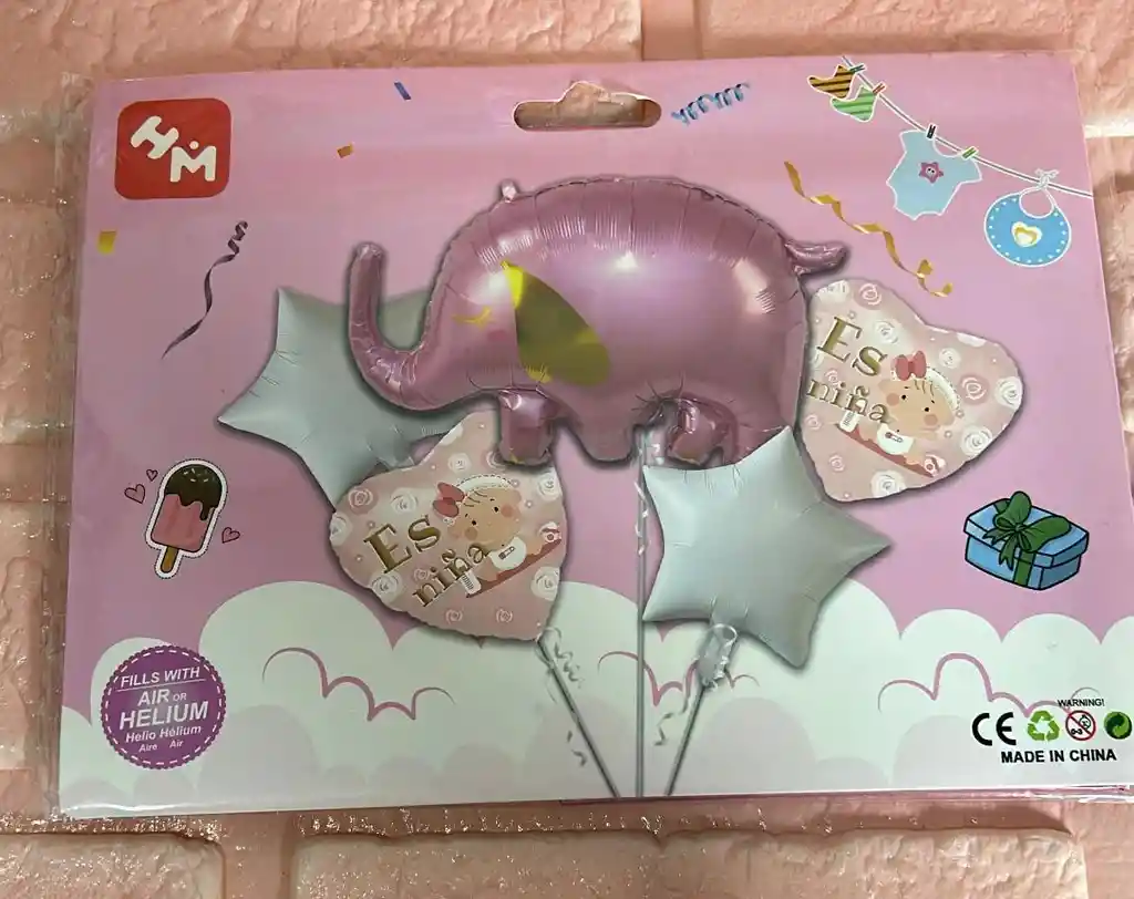 Bouquet De Globos Baby Shower Elefante Rosado X5 Piezas