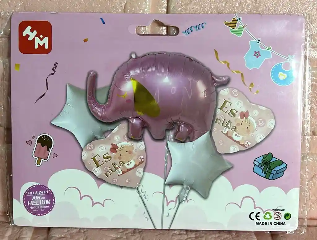 Bouquet De Globos Baby Shower Elefante Rosado X5 Piezas