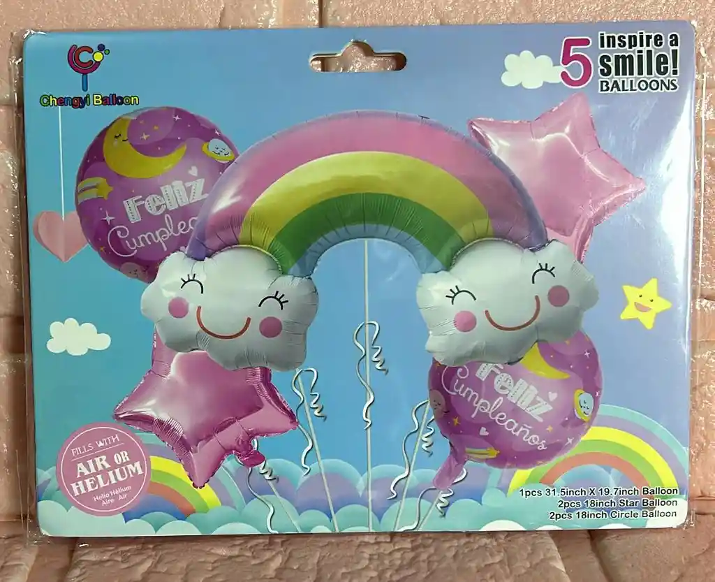 Bouquet De Globos Nubes Arcoiris X5 Piezas