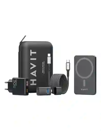 Kit De Viaje Havit Powerbank 10000 Mah, Cargador 30w, Cable Y Adaptador