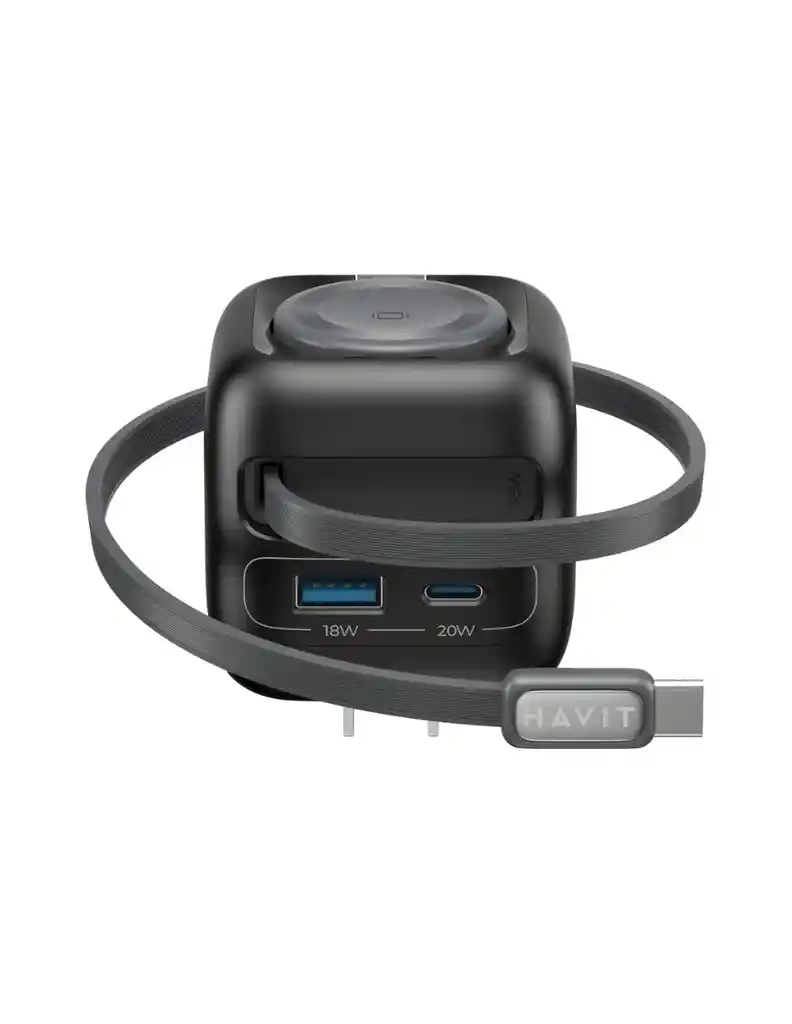 Cargador De Viaje Havit Uc250 Gan 35w 2 Puertos Usb + Cable Retráctil