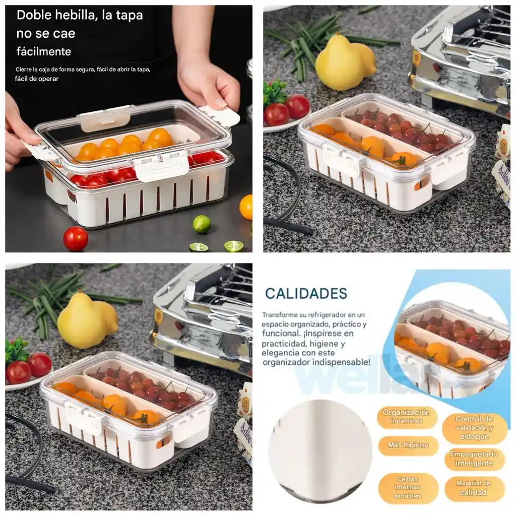 Contenedor Alimentos Nevera Organizador Con Compartimiento Doble Cierre Hermético Y Filtro Escurridor